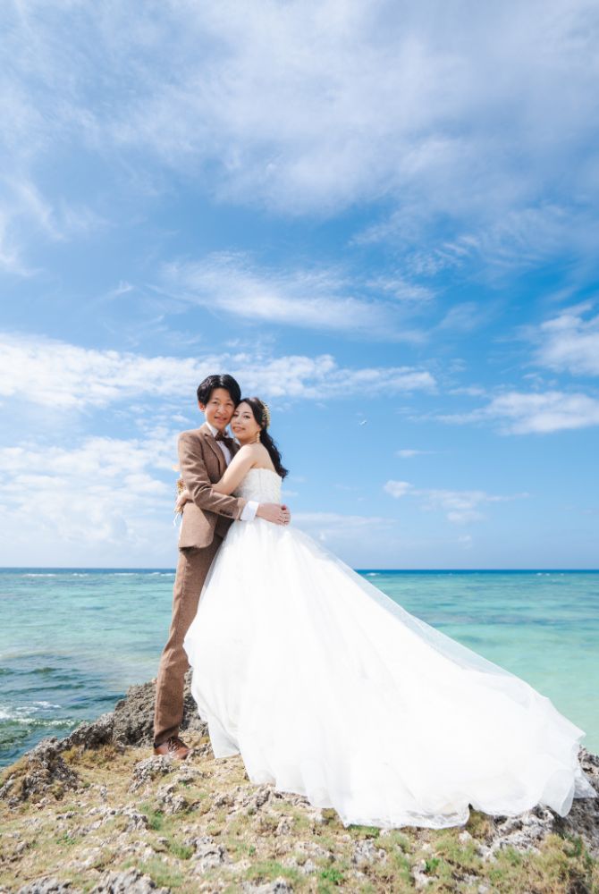 プリンセススタイルのドレスとブラウンタキシード